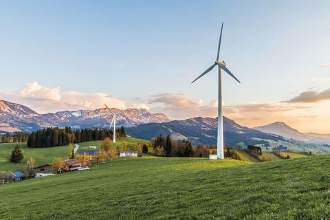 二，白色，风向标，绿色，高山，青山，风力涡轮机，风能