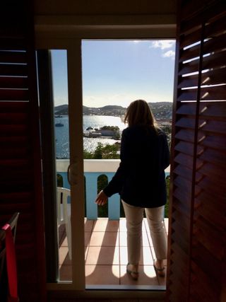 u、 美属维尔京群岛，西印度公司码头，维尔京群岛，日落，露台，门，女人，阳台