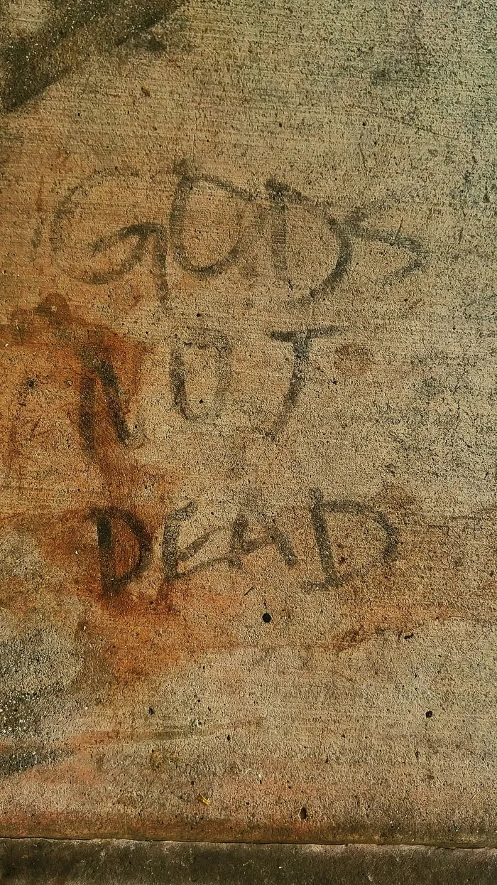 灰色，混凝土，表面，上帝，死亡，手写，文字，上帝