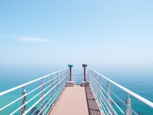 码头、灯光、海洋、景观、海滩、双筒望远镜、蓝色、木板路