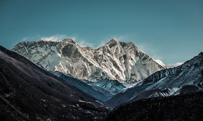 山，覆盖，白色，雪，蓝色，天空，冬天，寒冷