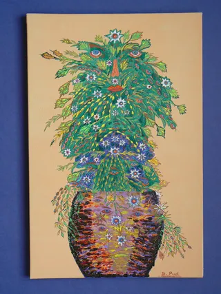 五官、壶、陶、花、静物、插画、无人、室内