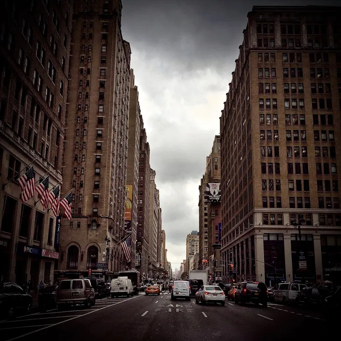 城市、汽车、道路、交通、美国国旗、建筑、大道、建筑物