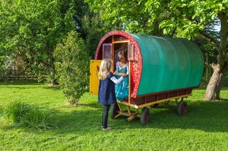 女士，蓝色，连衣裙，超车，托盘，青色连衣裙，内，马车