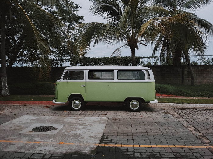 停在椰树下的绿色大众运输车