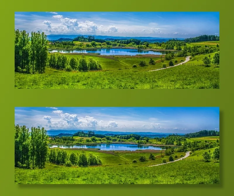 高山景观、湖泊、绿色牧场、草地、夏季、阳光、大气、云层