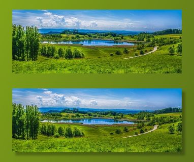 高山景观、湖泊、绿色牧场、草地、夏季、阳光、大气、云层