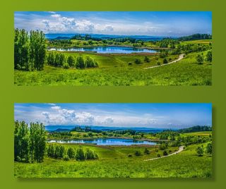 高山景观、湖泊、绿色牧场、草地、夏季、阳光、大气、云层