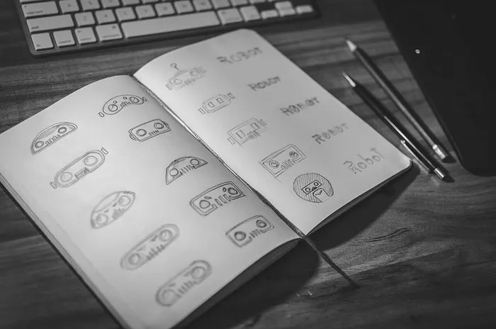 设计师、标识、草图、笔记本、办公桌、办公室、商务、插图