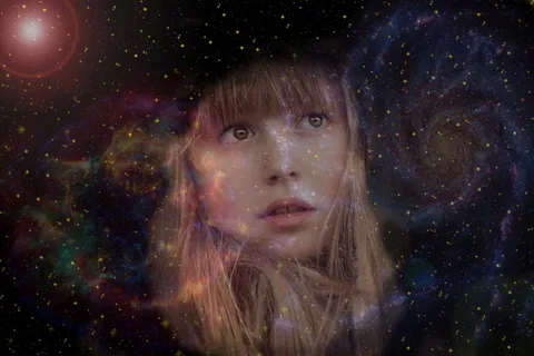 孩子，脸，惊奇，看，银河，雾，科斯姆斯，宇宙