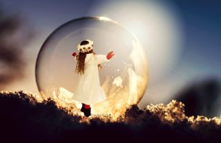 女孩，伸展，手臂，里面，泡泡，圣诞节，孩子，肥皂泡