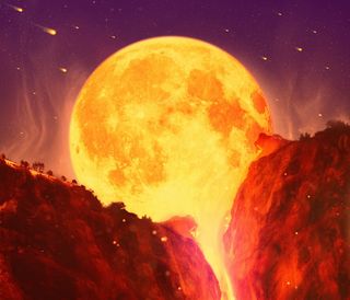 满月，月亮，旁边，山脉，火山，火山，流星，彗星