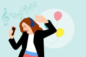女孩随着迪斯科音乐跳舞的插图。