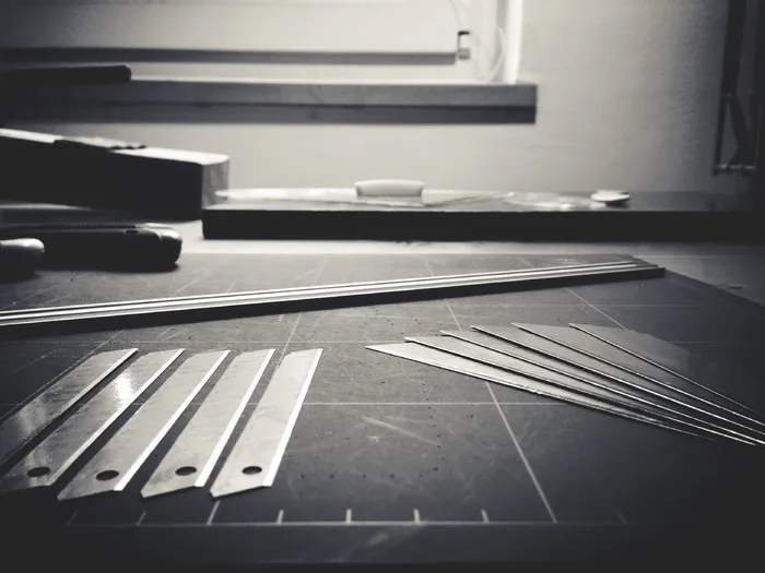 黑白，工具，尺子，刀片，贸易，商人，砧板，切割垫