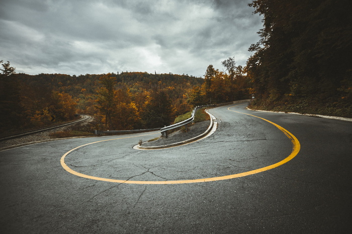 道路、曲线、旅行、树木、植物、自然、高地、秋天