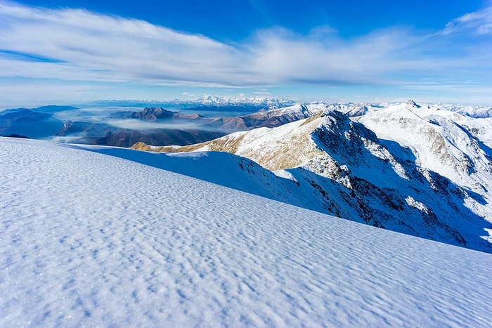鸟瞰，风景，山脉，覆盖，雪，白天，山脉，山峰