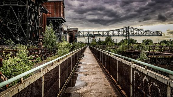 灰色，金属桥，黑色，云，白天，霍奇芬，工业，公园