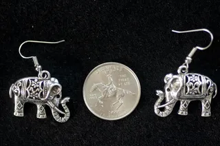 圆形银币，成对，银色大象，悬挂，耳环，银，花丝，大象