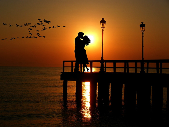 剪影，男人，女人，情人，日落，浪漫，abendstimmung，配对