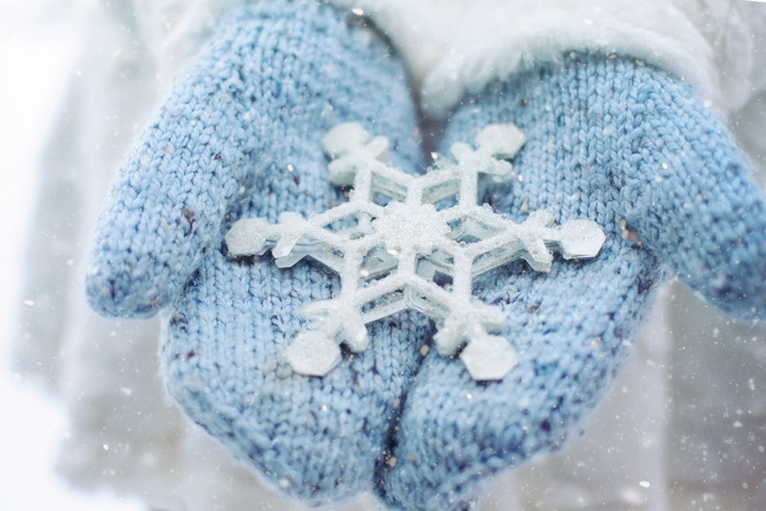 对, 蓝色, 针织, 手套, 雪, 冬天, 连指手套, 雪花