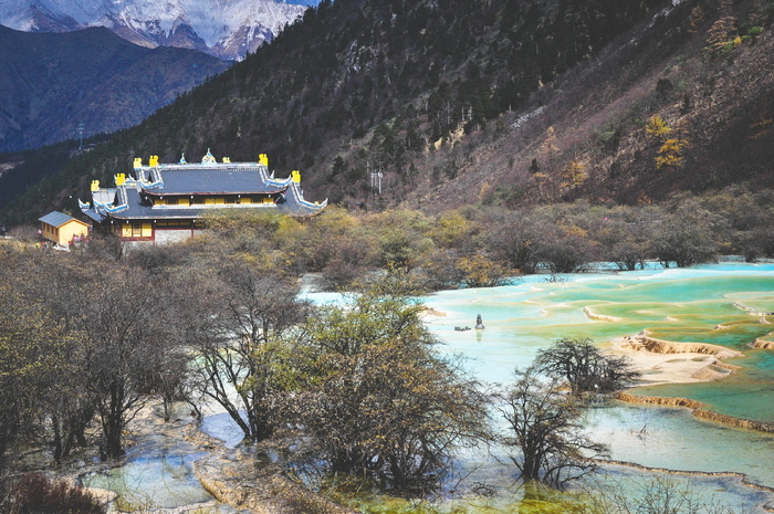 温泉，温泉客栈，俯瞰，山，灰色，蓝色，寺庙，附近