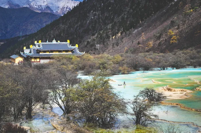 温泉，温泉客栈，俯瞰，山，灰色，蓝色，寺庙，附近