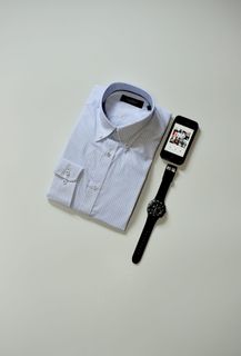 白色纽扣衬衫，绅士，手表，款式，衬衫，男式，iphone，studio shot