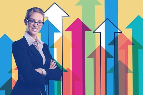 女商人、统计、箭头、趋势、经济、商业、金融、方向