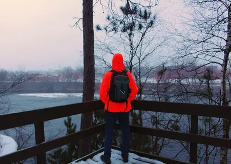 森林，水，湖泊，冬天，雪，大学，学生，橙色