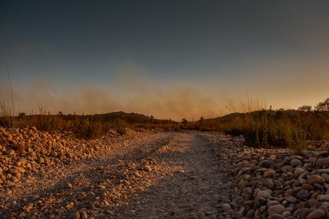 一条灰色的石头小路，位于棕色的草地和田野之间