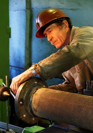 男人，穿着，棕色，硬，头盔，工作，工业，一个