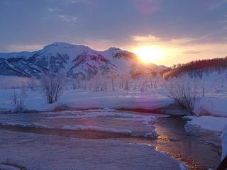 日出，黎明，森林，河流，山脉，早晨，霜冻，冬天