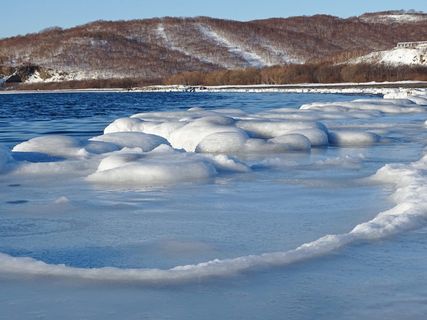 海湾、海洋、冬季、霜冻、山丘、海滩、冰、景观