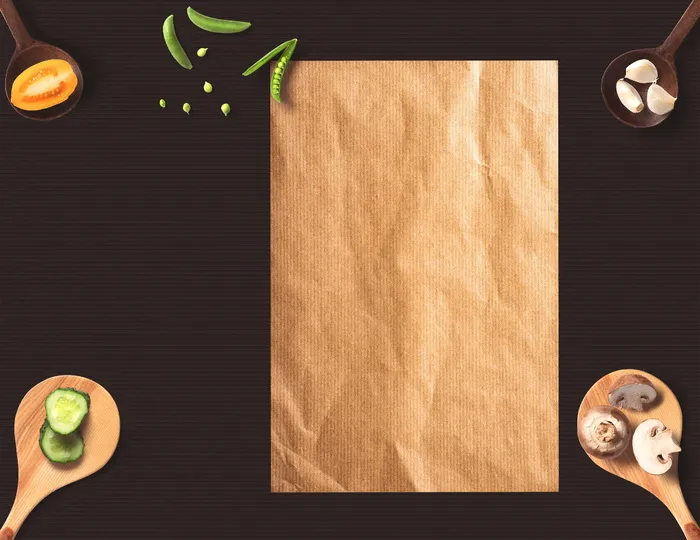 牛皮纸，菜单，纸，背景，木勺，吃，豌豆，番茄