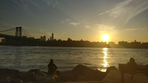 曼哈顿、美国、纽约、水、桥、日落、放松、冥想