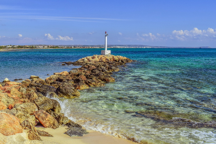 海滩, 海岸, 海, 灯塔, 景观, potamos liopetri, 塞浦路斯, 水