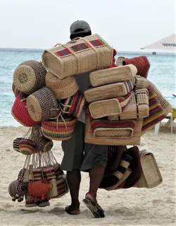 商人、卖家、篮子、位置、海滩、旅游、坎昆、水