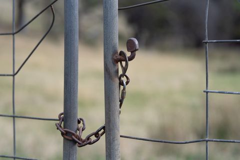 大门、链条、门闩、关闭、进入、关闭、金属、聚焦前景