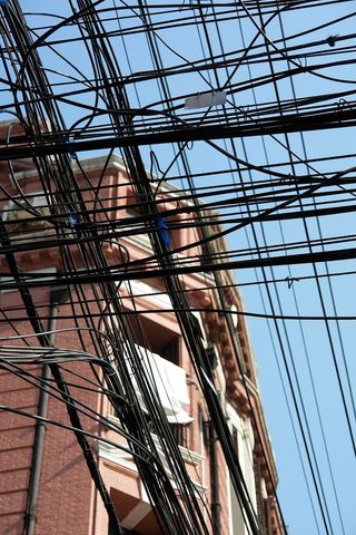 电力线、电力、线路、高压、电缆、低角度视图、天空、复杂性