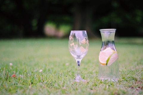 绿草如茵的草地上有两个脚踏实地的酒杯和花瓶
