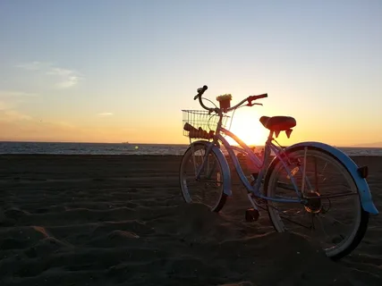 巡洋舰自行车，前部，车身，水，日落，海滩，自行车，骑行