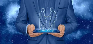 人，拿着，全息平板，展示，两个，男人，握手，手