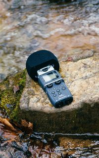 苔藓岩石上的黑色数字无线话筒