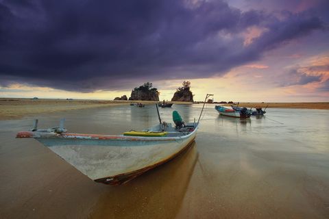 景观、沙、水、云、船、渔船、低潮、自然