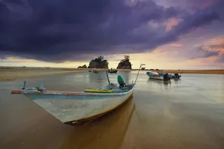 景观、沙、水、云、船、渔船、低潮、自然