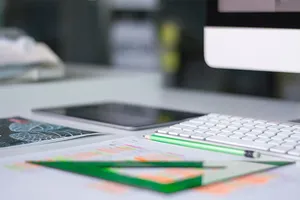 绿色，量角器，旁边，铅笔，纸，办公室，商务，键盘