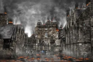 人，旁边，燃烧，城堡，世界末日，战争，启示录，毁灭