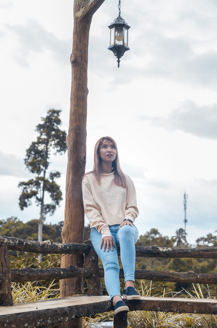 坐在棕色木栏杆上的女人