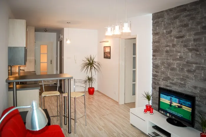 平, 屏幕电视, 白, 木, 立场, 转, 内部, 建筑