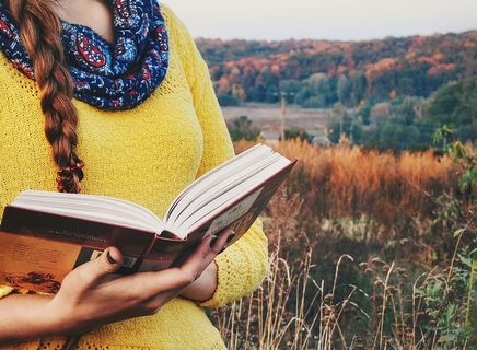 户外、夏季、自然、女孩、书籍、出版物、举办、一人